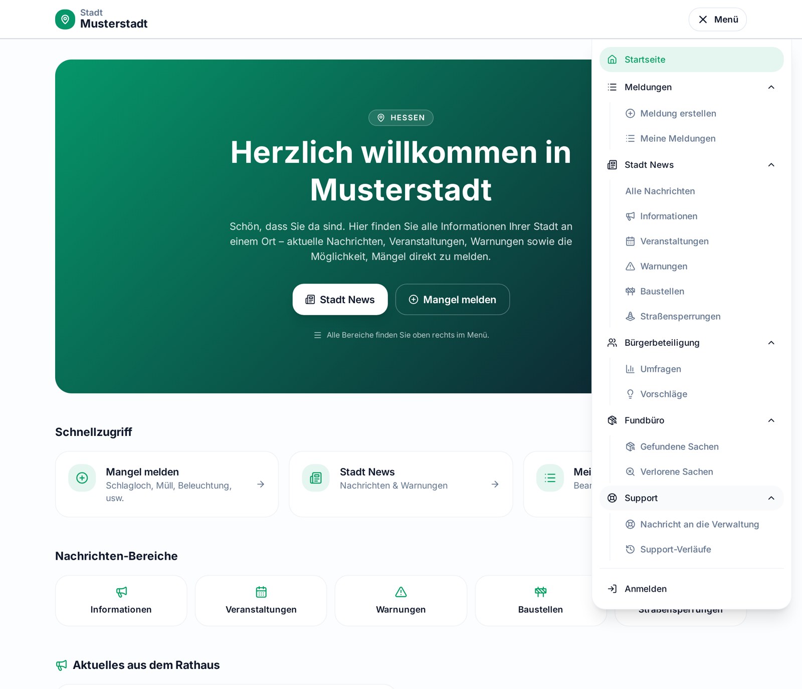 Bürgerstartseite der Stadt Musterstadt in StadtConnect