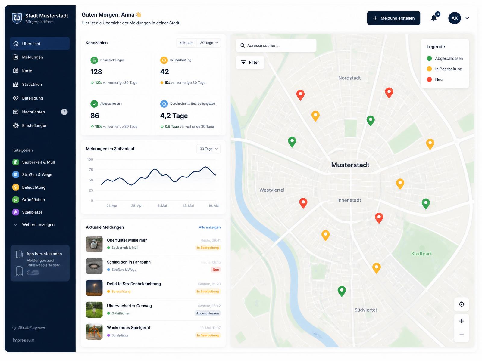 StadtConnect Verwaltungs-Dashboard mit Karte und Meldungen